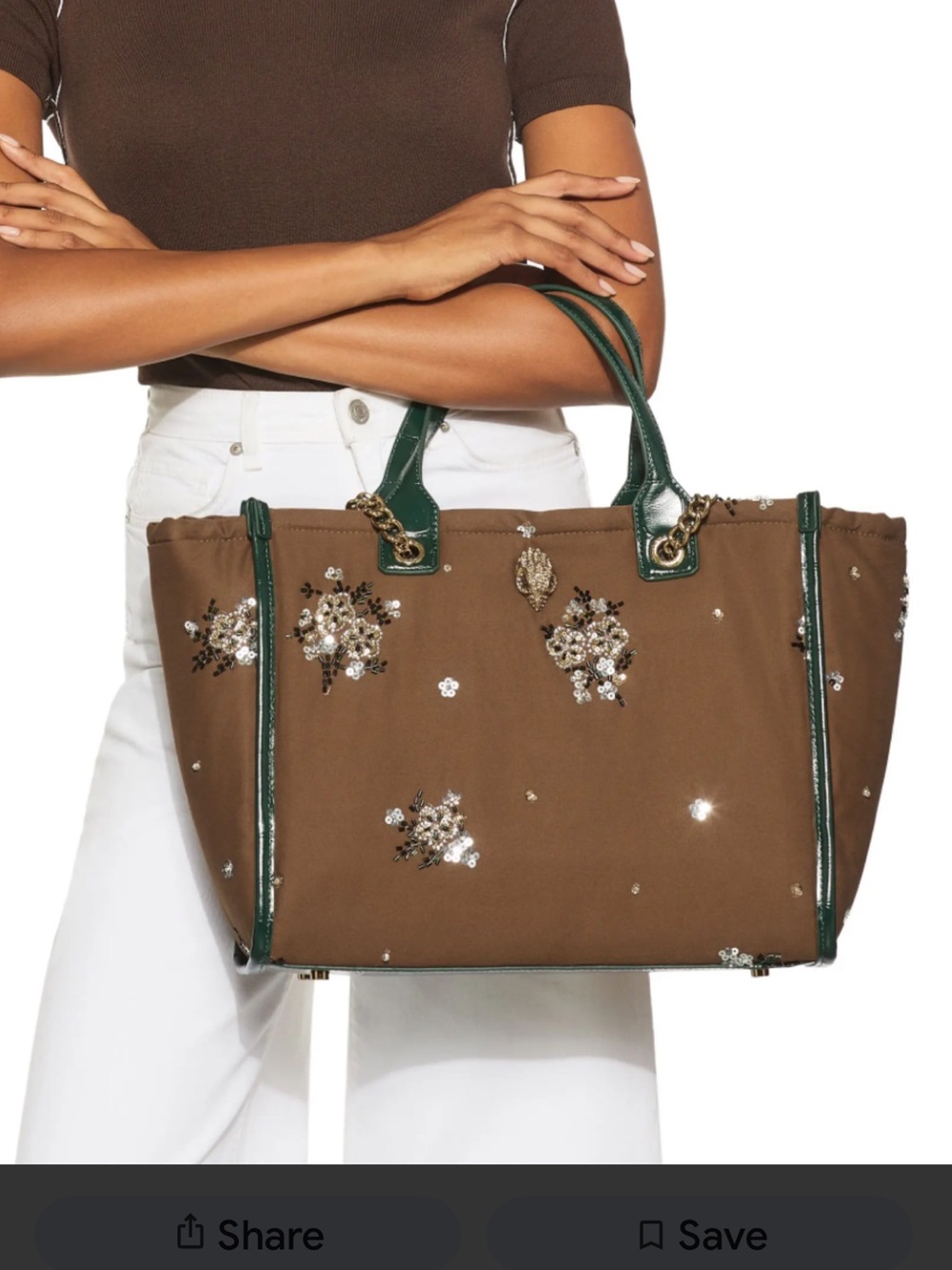 Kurt Geiger Hoxton Shopper Tote Brownwith Dark Green Trim and Gold Chain Handles - Picture 2 of 14